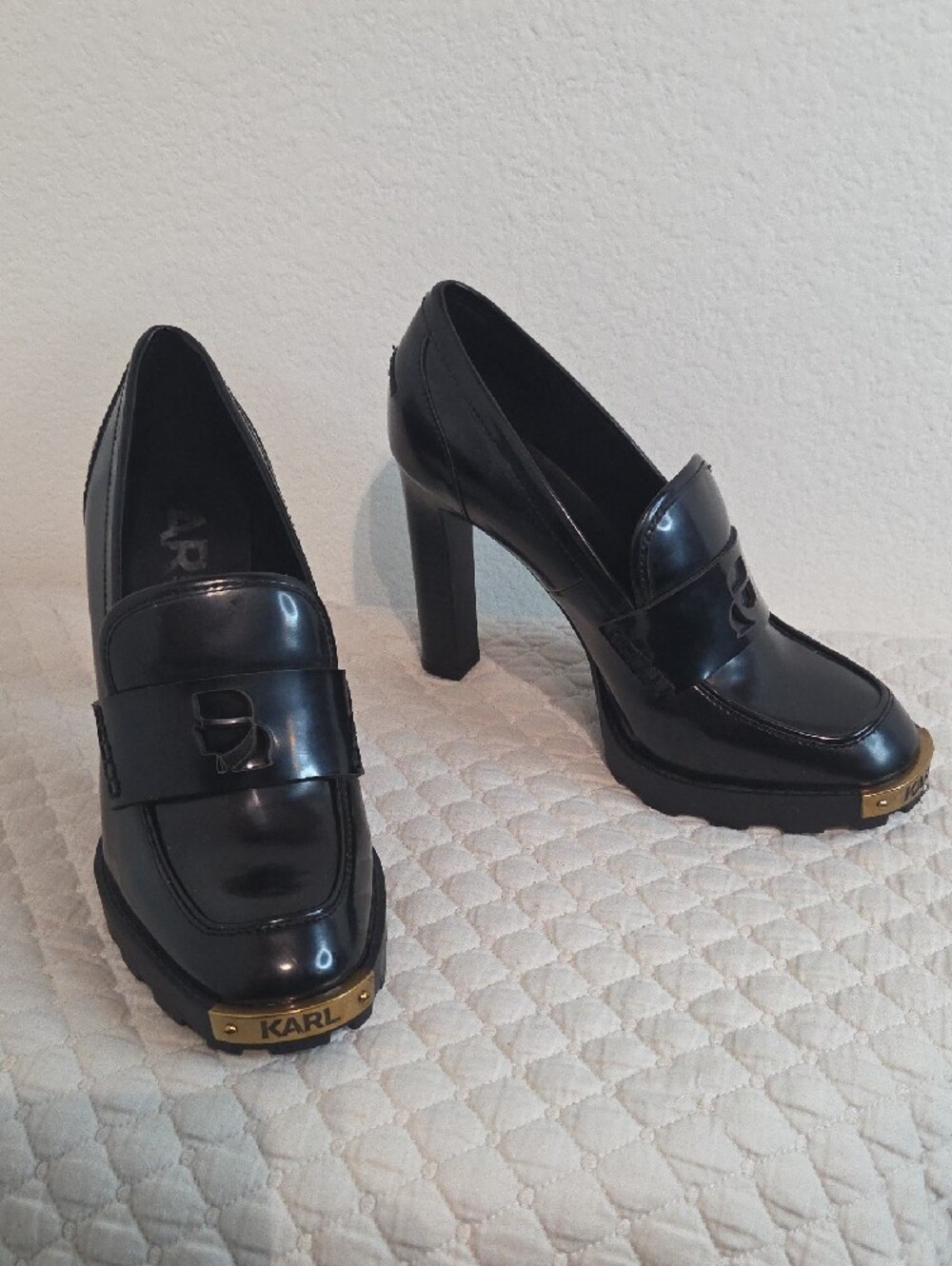 Karl Lagerfeld Black Patent Leather Loafers with Gold Accent - Picture 2 of 5